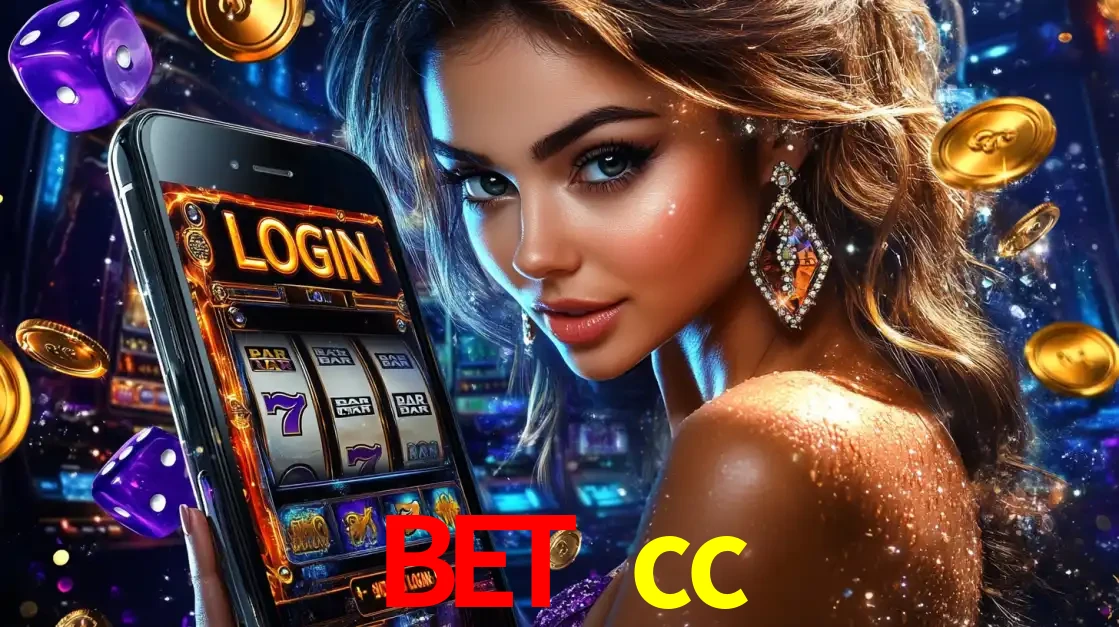 Mulher glamorosa segurando um smartphone com a tela de login para os jogos de caça-níqueis do cassino online bet cc, com moedas de ouro e dados ao redor.